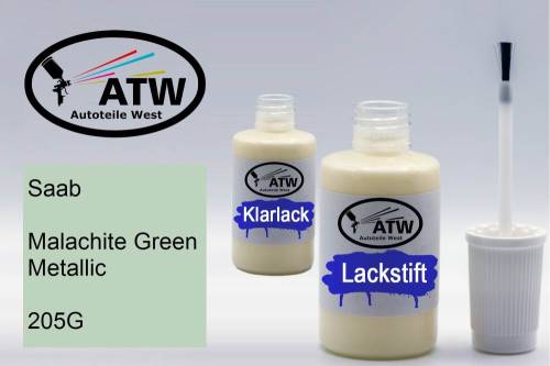 Saab, Malachite Green Metallic, 205G: 20ml Lackstift + 20ml Klarlack - Set, von ATW Autoteile West.